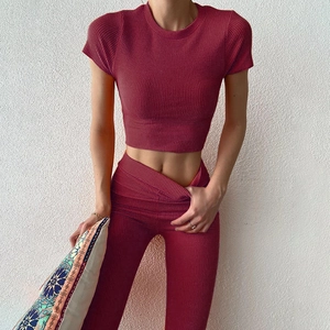Top Corto A Maniche Corte In Maglia A Costine E Pantaloni A Zampa A Vita Alta Completi Casual Tinta Unita Da Donna