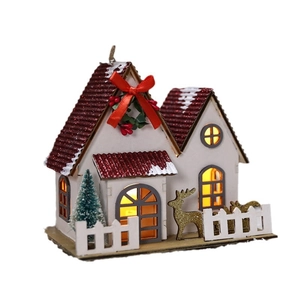 Lighted Christmas wooden house with red glitter roof, snowy tree and gold reindeer ornament