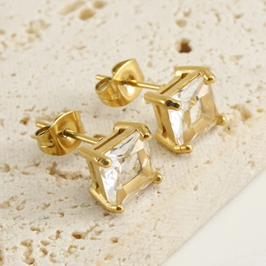 Square cut zircon stud earrings in 18k gold plated stainless steel with secure backing