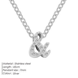 Hip hop style silver stainless steel ampersand pendant necklace with pavé zircon stones