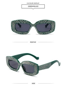 Detailed front and side views of green cat-eye sunglasses with sparkling rhinestones