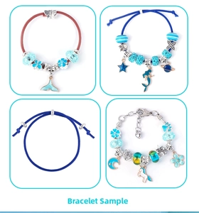 Four DIY bracelet styles with blue fairy tale charms like mermaids and unicorns