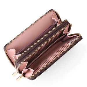 Women's long double zipper wallet in dark brown vintage pattern with spacious pink interior