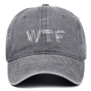 Washed dark grey cotton baseball cap with white WTF embroidery on a clean white background