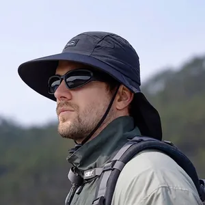 Outdoor sun hat with wide brim and neck flap for UV protection in dark grey