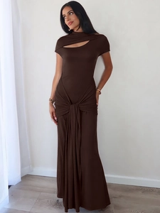Abito Lungo Aderente Maniche Corte Poliestere Spandex Scollo Con Aperture Vita Arricciata Elegante Sexy Donna