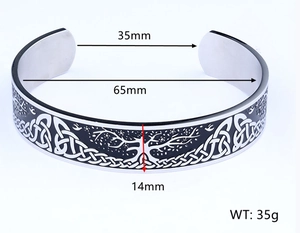 Detailed view of Tree of Life cuff bracelet with size and weight measurements included