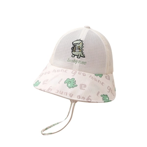 Cappello parasole per bimbi con ricamo a dinosauro e rete traspirante color beige