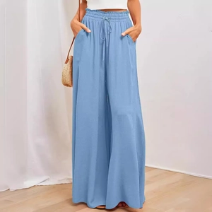 Women's light blue high waist wide leg pants with elastic drawstring waist and side pockets