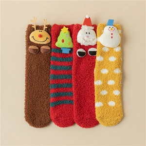 Christmas Coral Fleece Socks With Plush Cartoon Doll Thick Warm Winter Floor Home Indoor Soft For Women Kids