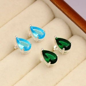Elegant 925 sterling silver teardrop stud earrings with blue and green cubic zirconia