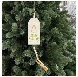 Detail of wooden Merry Christmas tree ornament with mini clip and natural jute rope
