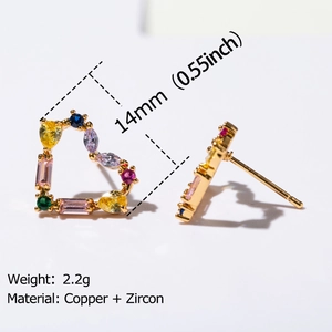 Detail view of 14mm heart earrings with multi-colored zircons and copper setting