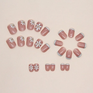 Short square press-on nails with pink rose tone, daisy patterns and silver glitter French tips