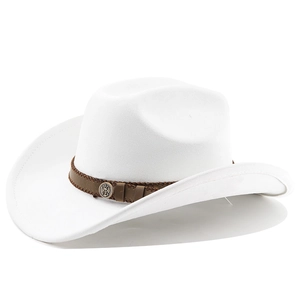 Detail of white felt cowboy hat featuring a brown braided leather band and metal badge