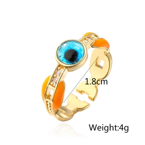 Detail showing 18K gold evil eye ring dimensions 1.8cm diameter and 4g weight
