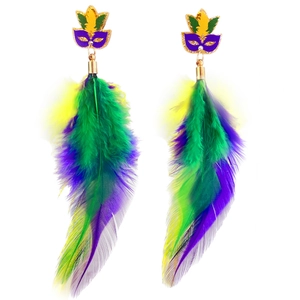 Detail view of purple mask earrings with vibrant green, purple, and yellow feathers