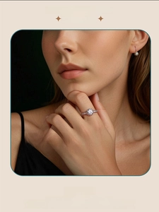 Close-up of S925 sterling silver moissanite ring and earrings set worn by a model