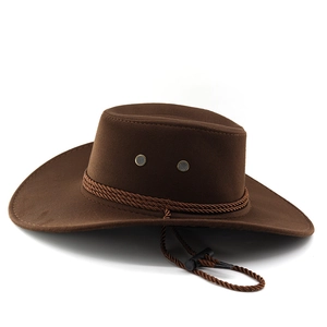 Detail of dark brown fedora hat with woven leather band and adjustable chin strap