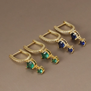 Elegant S925 silver U-shape earrings with emerald and sapphire square zircon drops