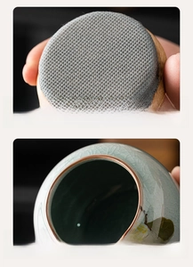 Macro detail of ceramic tea canister with bamboo lid and non-woven airtight seal