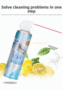 Detailed 520ml air conditioner foam cleaner bottle with lemon and water splash background