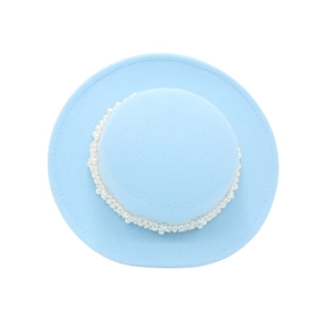 Top view of blue wool felt hat featuring multiple layers of pearl embellishments