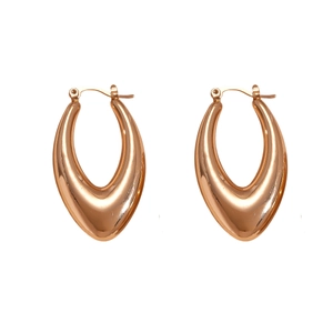 Polished rose gold hollow water-drop earrings with minimalist U-shaped design on white background
