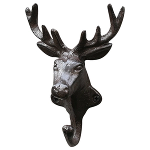 Rustic cast iron deer head wall hook with vintage brown finish and antlers design