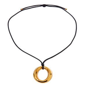 Minimalist 18k gold plated stainless steel hollow circle pendant on black wax cord necklace