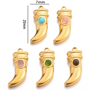 Detailed view of colorful horn pendants with size measurements 7mm by 20mm in gold finish
