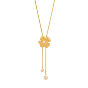Flower long tassel necklace with pearl bow pendant in gold stainless steel finish