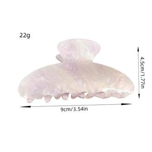 Iridescent lavender acrylic hair claw clip with 9cm length and dimension details