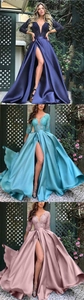 Detailed close-up of sequined V-neck bodice and high-slit satin skirt in three colors