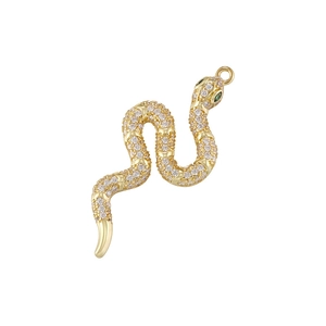 Golden snake pendant with pearl and green gemstone eyes on white background