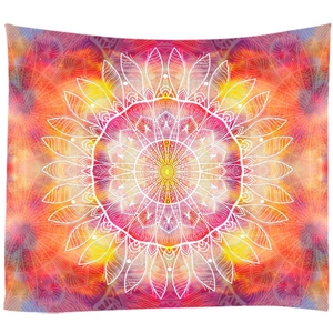 Bohemian mandala tapestry with vibrant orange and red sunburst geometric patterns