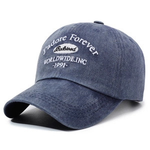 Washed navy blue retro baseball cap with embroidered J'adore Forever logo