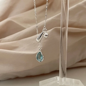 S925 Sterling Silver Blue Teardrop Pendant Necklace For Women Elegant Rhinestone Water Drop Clavicle Chain Minimalist Jewelry