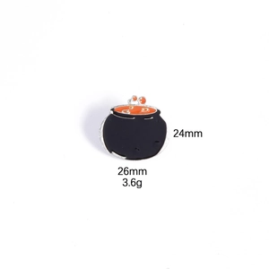 Detail of Halloween cauldron enamel pin showing dimensions 24mm by 26mm and 3.6g weight