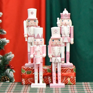 Set of 4 glittery pink and white 30cm wooden nutcracker king figures for Christmas decor