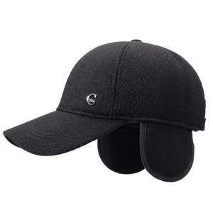 Black winter baseball cap for men featuring fold-down ear flaps and wool-like texture