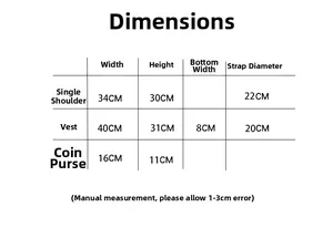 Size chart showing width and height for floral shoulder bag and vest tote bag series