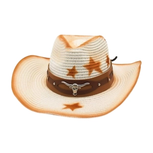 Western straw cowboy hat with brown star print and bull head metal buckle accessory