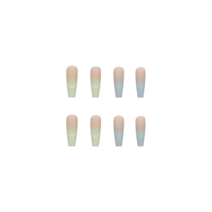 Long coffin ballet press-on nails with mint green and light blue French gradient tip