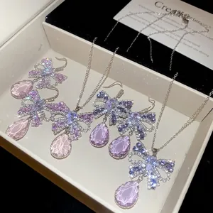 Butterfly Necklace And Drop Earrings For Women Copper Zircon Pink Purple Water Drop Pear Shaped Pendant Elegant Luxury