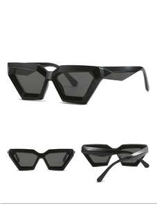 Three-view set of black geometric sunglasses showing front, side, and 45-degree angles