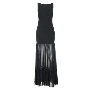 Elegant sleeveless off-the-shoulder maxi dress with black mesh splicing and open back design