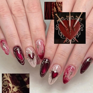 Burgundy Cat Eye Press On Nails With Heart Marble Design French Long Almond Fake Nails Kit For Valentine Women Manicure