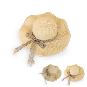 Women Sun Hat Paper Straw Wide Brim Wavy Edge Lace Ribbon Bow Summer Beach Sun Protection Elegant Foldable