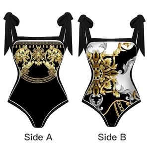 Maillot de bain une pièce réversible avec motifs baroques dorés et bretelles à nouer chic